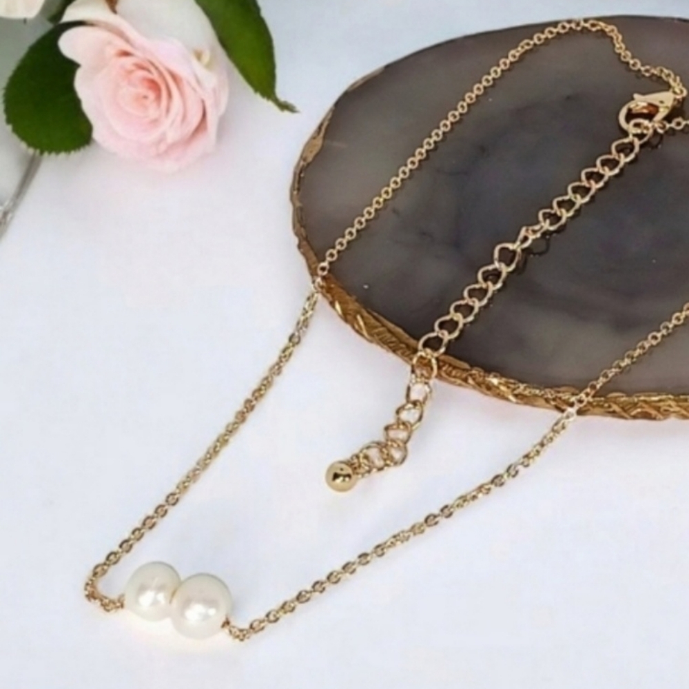 Gold Necklace with Two Baroque Pearls Coquette Girl Lolita Dollette New Preppy